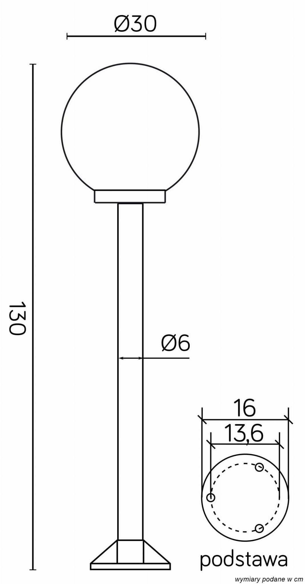 Lampa stojąca ogrodowa 1-punktowa Kule 300 H130, z kulistym kloszem o średnicy 30 cm, umieszczona na smukłym słupie o średnicy 6 cm i podstawie o średnicy 16 cm. Wysokość lampy wynosi 130 cm, idealna do oświetlenia przestrzeni zewnętrznych.