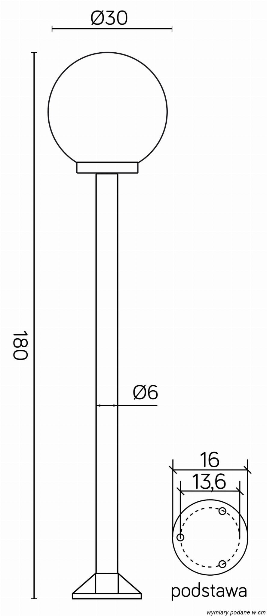 Lampa stojąca ogrodowa Kule 300 ma okrągłą, białą głowicę o średnicy 30 cm i wysokość 180 cm. Stojak ma prostokątną podstawę z wymiarami 16 cm na 16 cm. Produkt ukazany z przodu, w pozycji stojącej, na białym tle.