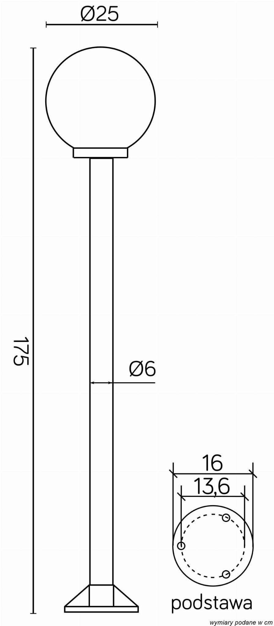 Lampa stojąca ogrodowa Kule 250 H175, z okrągłą głowicą o średnicy 25 cm i prostą, metalową podstawą. Wysokość lampy wynosi 175 cm. Widok frontalny, ukazujący szczegóły konstrukcji i wymiary.