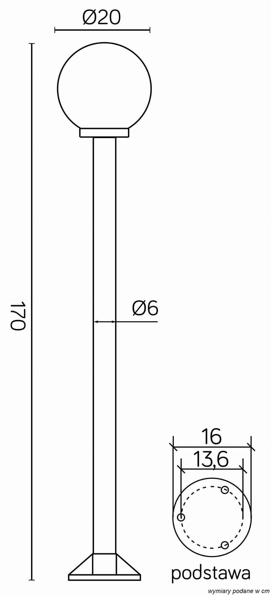 Lampa stojąca ogrodowa Kule 200 H170, 1-punktowa, z okrągłą głowicą o średnicy 20 cm, na wysokiej nóżce o średnicy 6 cm. Wysokość lampy wynosi 170 cm, podstawka ma średnicę 16 cm. Prosta konstrukcja, idealna do ogrodu.