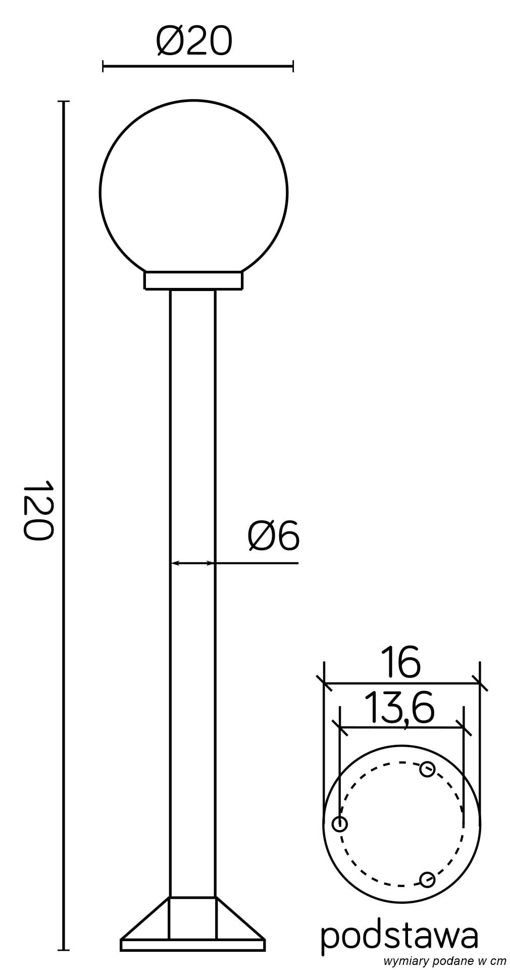 Lampa stojąca ogrodowa Kule 200 H120, 1-punktowa, o okrągłej głowicy o średnicy 20 cm i wysokości 120 cm. Podstawa o średnicy 16 cm. Prosty, elegancki design, idealna do oświetlenia przestrzeni na zewnątrz.