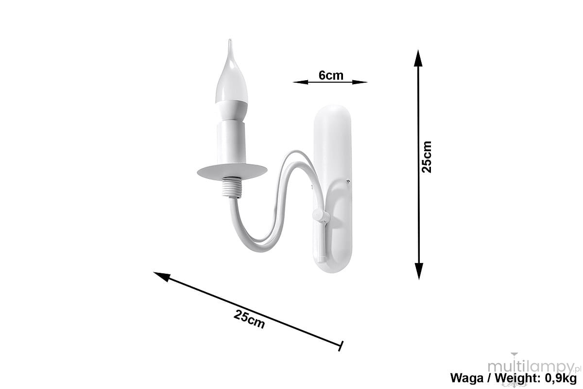 Kinkiet Minerwa 1-punktowy w kolorze białym, o wysokości 25 cm i szerokości 6 cm. Posiada okrągłą podstawę, elastyczny przewód i klasyczny klosz w kształcie stożka, montowany na ścianie. Idealny do oświetlenia wnętrz.