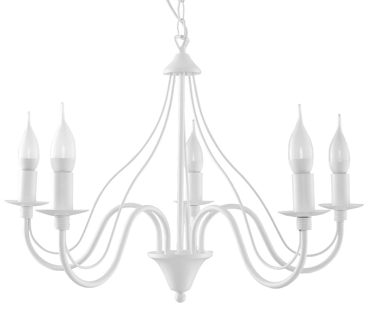 Biały żyrandol Minerwa 5-punktowy z delikatnymi, spiczastymi kloszami. Posiada pięć ramion, które wyginają się w eleganckich kształtach. Zawieszony na łańcuchu, idealny do nowoczesnych wnętrz.