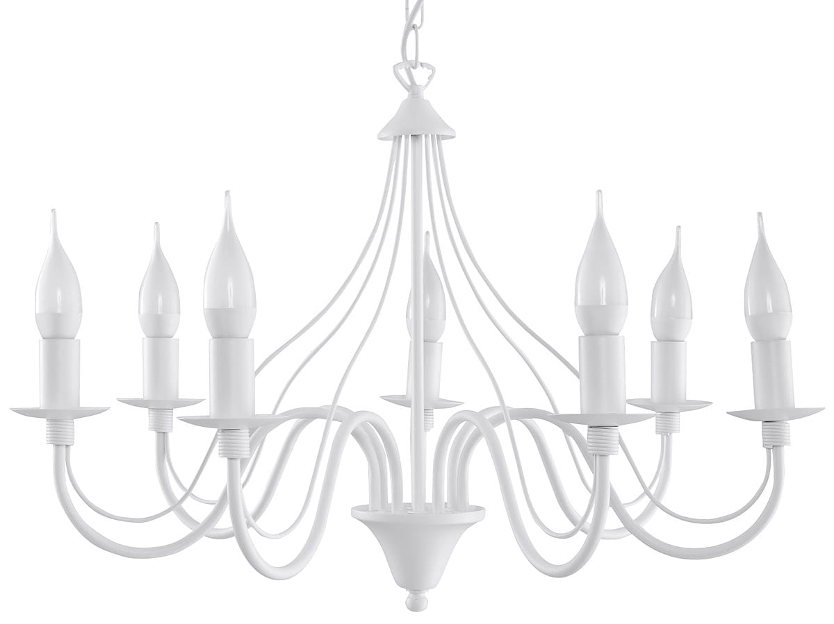 Żyrandol Minerwa 7-punktowy w kolorze białym, z siedmioma smukłymi, stożkowymi kloszami. Produkt ma elegancki, klasyczny kształt z delikatnymi, zakrzywionymi ramionami. Ujęcie frontalne, wiszący na łańcuchu, na jednolitym tle.