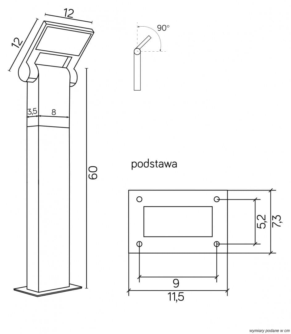 Lampa stojąca ogrodowa LED Neo H60 o mocy 10W i barwie światła 3000K w kolorze ciemnego popielu. Prostokątny klosz na górze, smukła, pionowa konstrukcja o wysokości 60 cm i podstawie 12x12 cm, ze wzmocnioną podstawą.