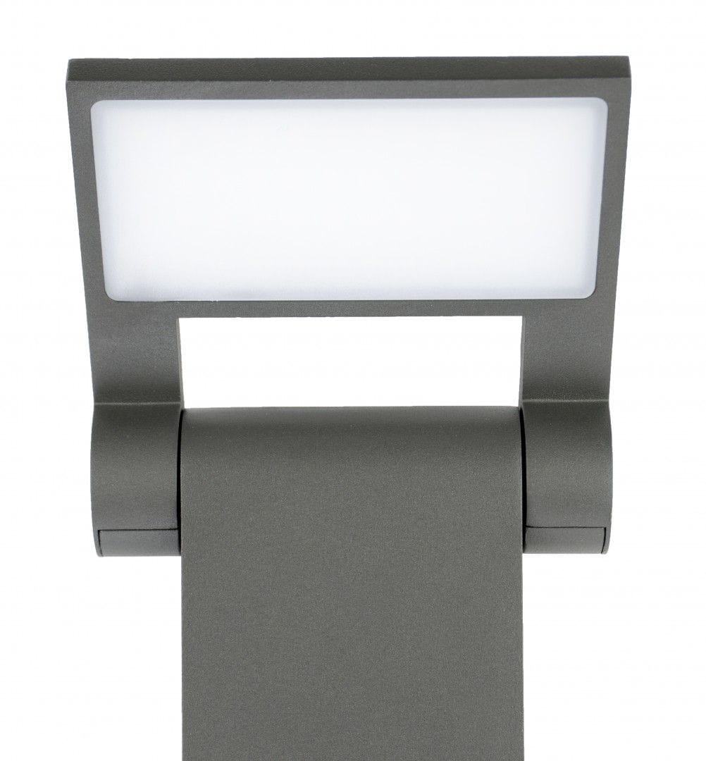 Lampa stojąca ogrodowa Neo H100 LED 10W w ciemnym popiele, z prostokątnym źródłem światła. Ujęcie frontalne, ukazuje detal konstrukcji oraz elegancki design, idealna do oświetlenia przestrzeni zewnętrznych.