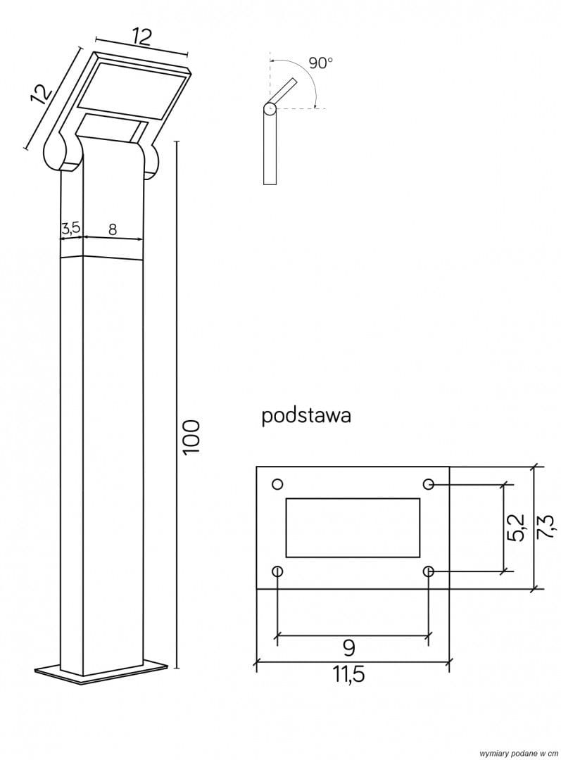 Lampa stojąca ogrodowa Neo H100 LED 10W 3000K w ciemnym popiele. Prosta konstrukcja z prostokątnym kloszem o wymiarach 12x12 cm, wysokości 100 cm, z podstawą 11,5x9 cm. Kąt nachylenia klosza wynosi 90°.
