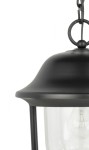 Czarna lampa wisząca ogrodowa Prince K 1018/1/O z metalowym kloszem i przezroczystym szkłem, zawieszona na łańcuszku. Kształt okrągły, z delikatnym wyprofilowaniem na górze, idealna do oświetlenia przestrzeni zewnętrznych.