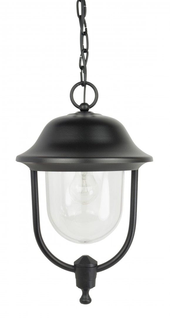 Lampa wisząca ogrodowa Prince, czarna, 1-punktowa. Metalowa obudowa z matowym wykończeniem, szklany klosz w kształcie elipsy. Umieszczona na łańcuchu, z dekoracyjnym mocowaniem na dole. Idealna do oświetlenia przestrzeni zewnętrznych.