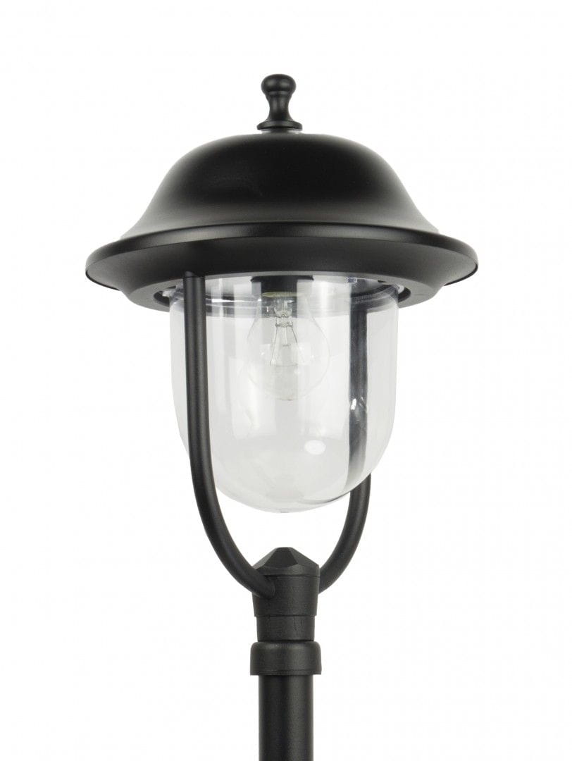 Czarna lampa stojąca ogrodowa Prince H167, 1-punktowa. Okrągła, metalowa podsufitka z dekoracyjnym wierzchołkiem. Przezroczysta, szklana osłona lampy na metalowym stelażu. Widok z przodu, produkt w pozycji stojącej.