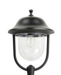 Lampa stojąca ogrodowa Prince H167, 1-punktowa, w kolorze czarnym. Okrągła, metalowa podstawa z przezroczystym kloszem, w którym znajduje się żarówka. Ujęcie z góry, ukazuje detale klosza i ozdobny uchwyt. Idealna do oświetlenia ogrodu.