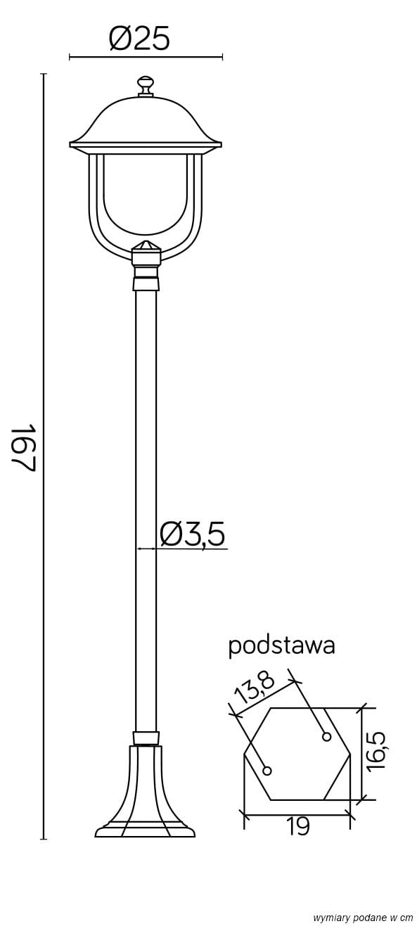 Lampa stojąca ogrodowa Prince H167, czarna, 1-punktowa. Wysokość 167 cm, średnica klosza 25 cm. Posiada sześciokątną podstawę o wymiarach 19 x 16,5 cm. Prosta, elegancka konstrukcja, idealna do oświetlenia ogrodu lub ścieżek.