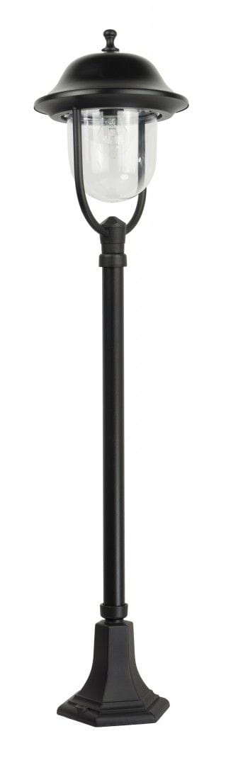 Lampa stojąca ogrodowa Prince H117, czarna, 1-punktowa. Wysoka konstrukcja z metalowym stelażem i szklanym kloszem. Ujęcie frontalne, na prostej podstawie, z eleganckim, zaokrąglonym dachem. Idealna do oświetlenia ogrodu lub ścieżek.