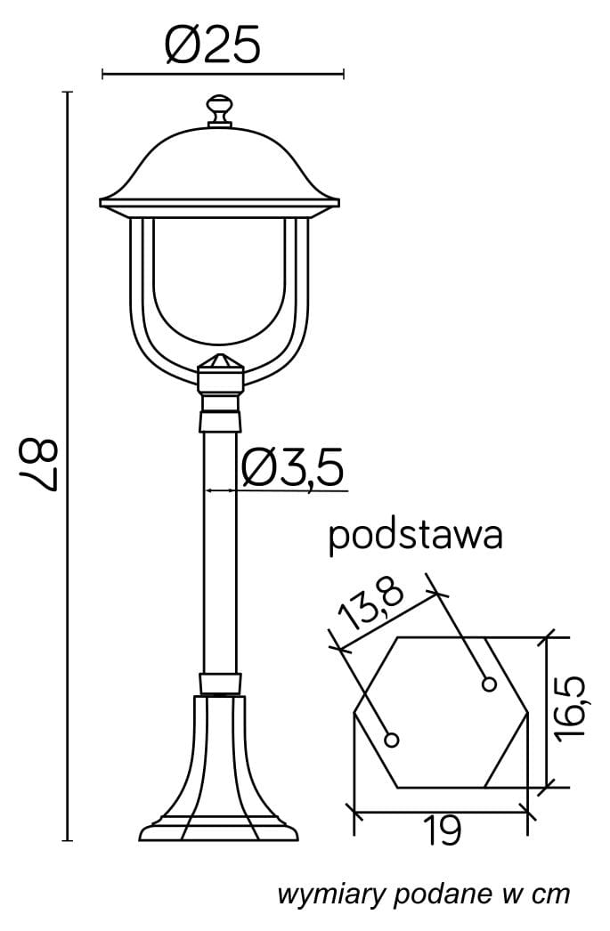 Lampa ogrodowa Prince H87, czarna, 1-punktowa, o wysokości 87 cm i podstawie w kształcie sześciokąta. Klosz o średnicy 25 cm, z dekoracyjnym daszkiem. Wymiary podstawy: 13,8 cm wysokości, 19 cm szerokości. Idealna do oświetlenia ogrodu.