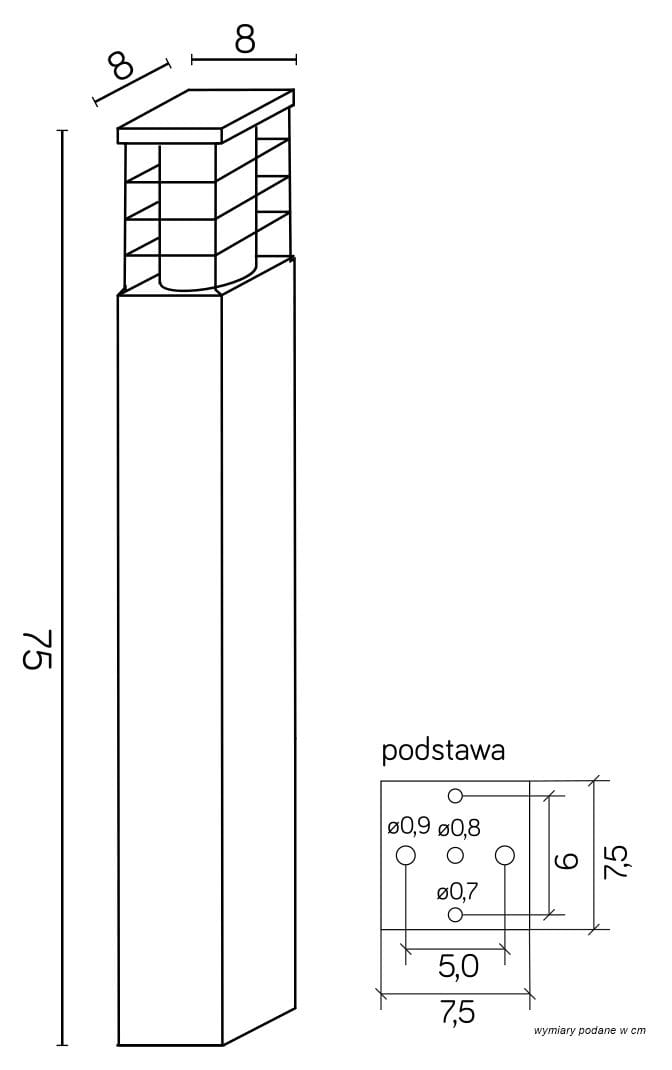 Lampa stojąca ogrodowa Rado II, czarna, o wymiarach 75 cm wysokości i 8x8 cm u podstawy. Prosty, prostokątny kształt z ażurowym kloszem. Ujęcie z boku, podkreślające detale konstrukcji. Idealna do oświetlenia przestrzeni na zewnątrz.