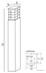 Lampa stojąca ogrodowa Rado II, czarna, o wymiarach 75 cm wysokości i 8x8 cm u podstawy. Prosty, prostokątny kształt z ażurowym kloszem. Ujęcie z boku, podkreślające detale konstrukcji. Idealna do oświetlenia przestrzeni na zewnątrz.