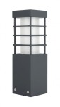 Lampa stojąca ogrodowa Rado II, 1-punktowa, w ciemnym popiele. Prosty, kwadratowy kształt z matowym, białym kloszem osłoniętym metalową kratką. Ujęcie frontalne, produkt stoi na stabilnej podstawie. Idealna do oświetlenia przestrzeni zewnętrznych.