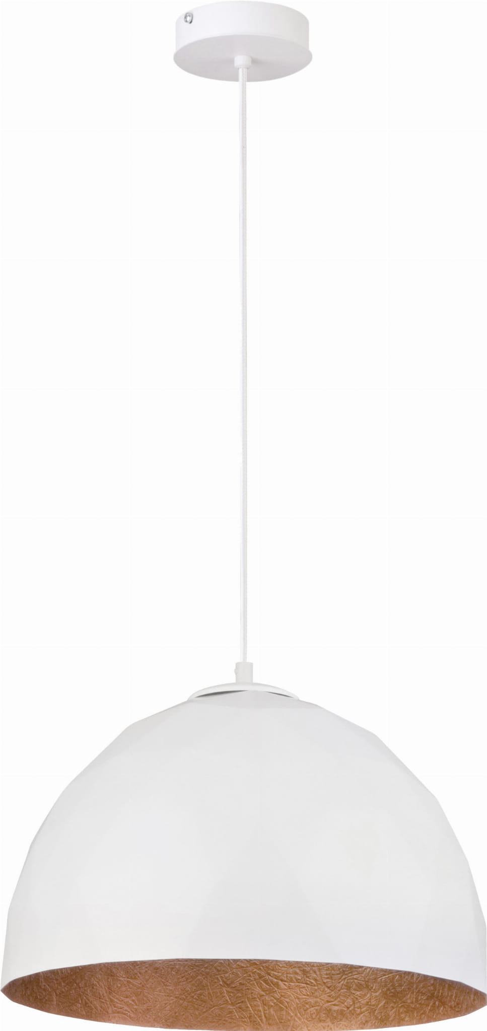 Lampa wisząca Diament D35 w kolorze białym z miedzianym wnętrzem, o okrągłym kształcie. Zawieszona na białym przewodzie, widok z dołu, ukazujący fakturę miedzianego wykończenia. Idealna do nowoczesnych wnętrz.