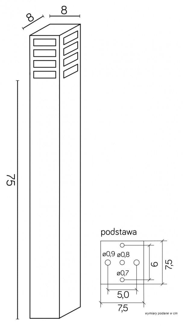 Lampa stojąca ogrodowa Rado III z aluminium, prostokątna, o wymiarach 75 cm wysokości i 8x8 cm podstawy. Posiada 1 punkt świetlny oraz otwory wentylacyjne w górnej części. Kolor: szary, matowy. Ustawiona pionowo.
