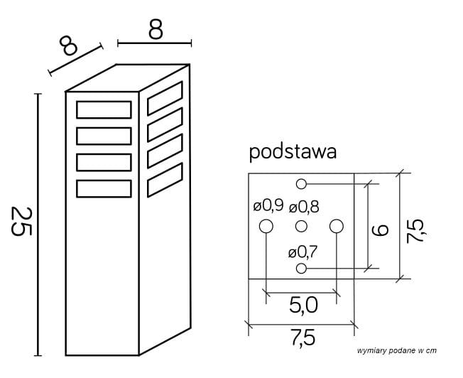 Lampa stojąca ogrodowa Rado III, wykonana z aluminium, o prostokątnym kształcie. Wymiary 25 cm wysokości i 8 cm szerokości. Widoczne otwory na podstawie, z wymiarami 5x7,5 cm. Posiada dekoracyjne szczeliny na bokach.