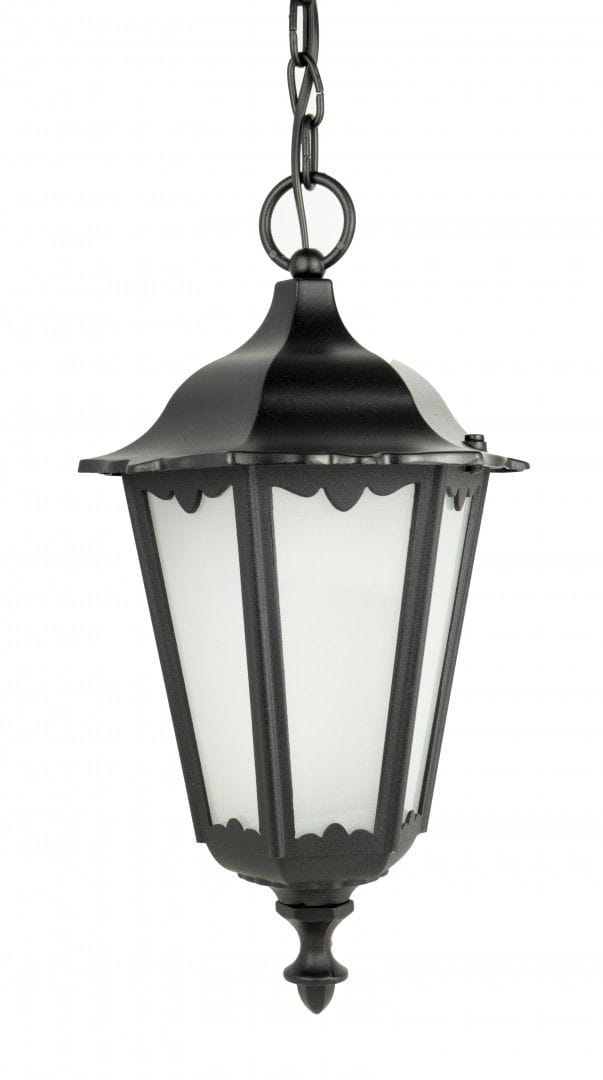 Czarna lampa wisząca ogrodowa Retro Classic K 1018/1/D, o kształcie stożkowym, z białymi, matowymi panelami i dekoracyjnym daszkiem. Ujęcie frontalne, produkt zawieszony na łańcuchu, z ozdobnym elementem na dole.