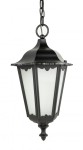 Czarna lampa wisząca ogrodowa Retro Classic K 1018/1/D, o kształcie stożkowym, z białymi, matowymi panelami i dekoracyjnym daszkiem. Ujęcie frontalne, produkt zawieszony na łańcuchu, z ozdobnym elementem na dole.