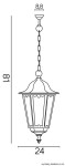 Lampa wisząca ogrodowa Retro Classic K 1018/1/D w kolorze czarnym, o wymiarach 24 cm szerokości i 18 cm wysokości. Posiada dekoracyjny klosz z przeszklonymi ściankami i ozdobne zawieszenie na łańcuchu.