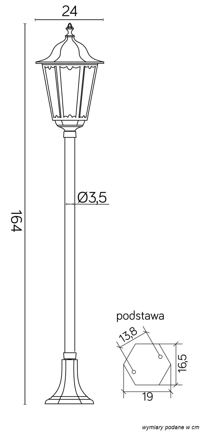 Lampa stojąca ogrodowa Retro Classic H164 w kolorze czarnym. Wysokość 164 cm, średnica klosza 24 cm, podstawa o wymiarach 19 x 16,5 cm. Stylizowany klosz z wycięciami, umieszczony na smukłym słupie. Idealna do oświetlenia przestrzeni zewnętrznych.