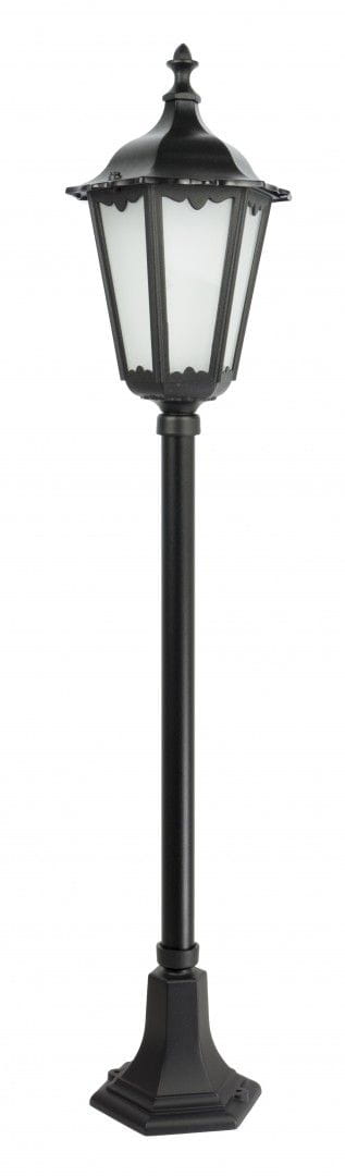 Lampa stojąca ogrodowa Retro Classic H114, czarna, 1-punktowa. Konstrukcja z metalowym słupem i szklanym kloszem w kształcie latarni. Ujęcie frontalne, produkt ustawiony na podstawie w kształcie sześciokąta.