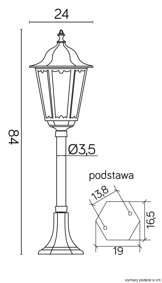 Lampa stojąca ogrodowa Retro Classic H84 o wysokości 84 cm, z czarną metalową konstrukcją. Oświetlenie 1-punktowe z ozdobną, szklaną kloszem. Podstawa o sześciokątnym kształcie, średnica 35 cm, idealna do ogrodów i przestrzeni zewnętrznych.
