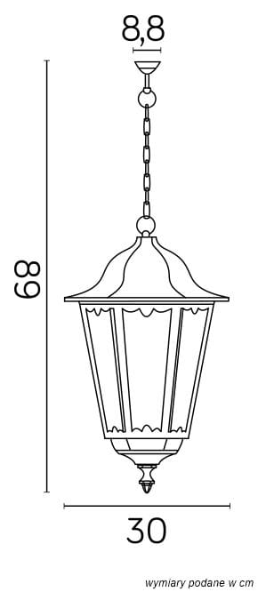 Lampa wisząca ogrodowa Retro Maxi, czarna, o wymiarach 68 cm wysokości i 30 cm średnicy. Posiada dekoracyjny klosz z przezroczystymi panelami i ozdobną zawieszkę. Zawieszona na łańcuchu, idealna do stylowych przestrzeni zewnętrznych.