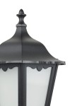 Czarna lampa stojąca ogrodowa Retro Maxi H65, 1-punktowa, z metalowym kloszem i mlecznym szkłem. Ujęcie z góry, ukazujące ozdobny wierzchołek oraz kształt prostokątnego klosza z falistymi brzegami. Idealna do aranżacji przestrzeni zewnętrznych.