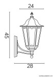 Kinkiet elewacyjny Retro Classic 1-punktowy w kolorze czarnym. Lampa ma kształt latarni z ozdobnym daszkiem, szerokość 24 cm, wysokość 45 cm oraz głębokość 28 cm. Montaż na ścianie, elegancki design, idealny do użytku zewnętrznego.