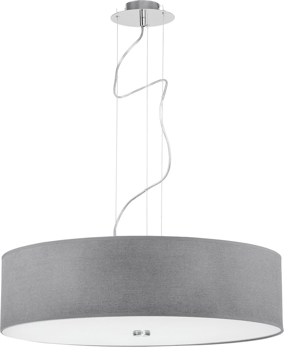 Lampa wisząca Viviane 3-punktowa w kolorze szarym z okrągłym abażurem. Wysokiej jakości materiał, metalowe mocowanie, zawieszona na cienkich linkach. Prosty, nowoczesny design, idealna do aranżacji wnętrz.