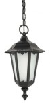 Czarna lampa wisząca retro o kształcie sześciokątnym, wykonana z metalu i szkła. Posiada delikatne, białe ścianki oraz zdobione krawędzie. Zawieszona na łańcuchu, idealna do użytku w ogrodzie lub na tarasie.