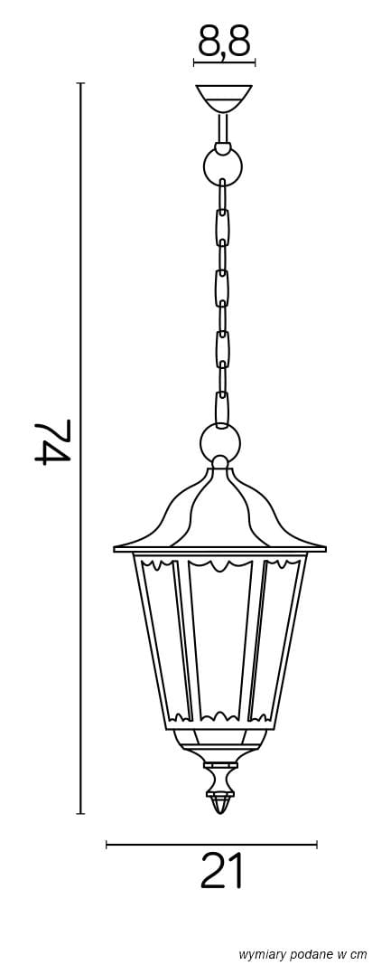 Czarna, retro lampa wisząca ogrodowa 1-punktowa K 1018/1/M, o wymiarach 74 cm wysokości i 21 cm średnicy. Posiada szklane ścianki z dekoracyjnymi wzorami, zawieszona na łańcuszku, idealna do dekoracji przestrzeni zewnętrznej.
