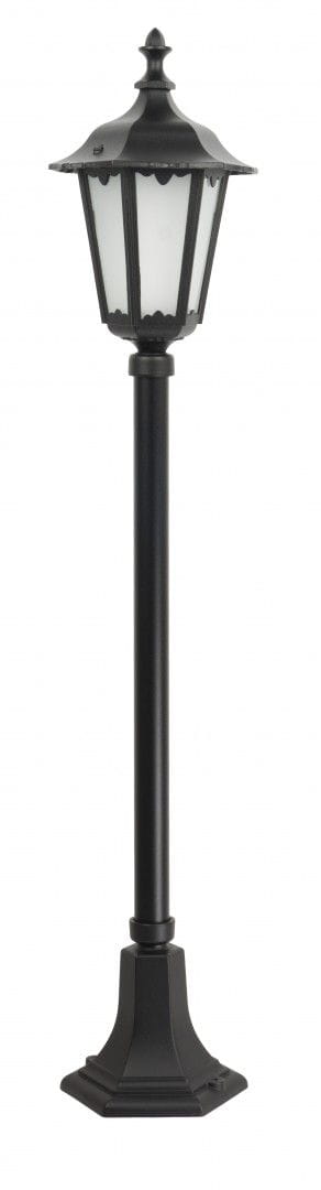 Czarna lampa stojąca ogrodowa Retro Midi H106, 1-punktowa. Posiada metalową konstrukcję z przezroczystym kloszem w kształcie latarni. Stojak o prostokątnym, stabilnym podłożu, z ozdobnymi detalami.