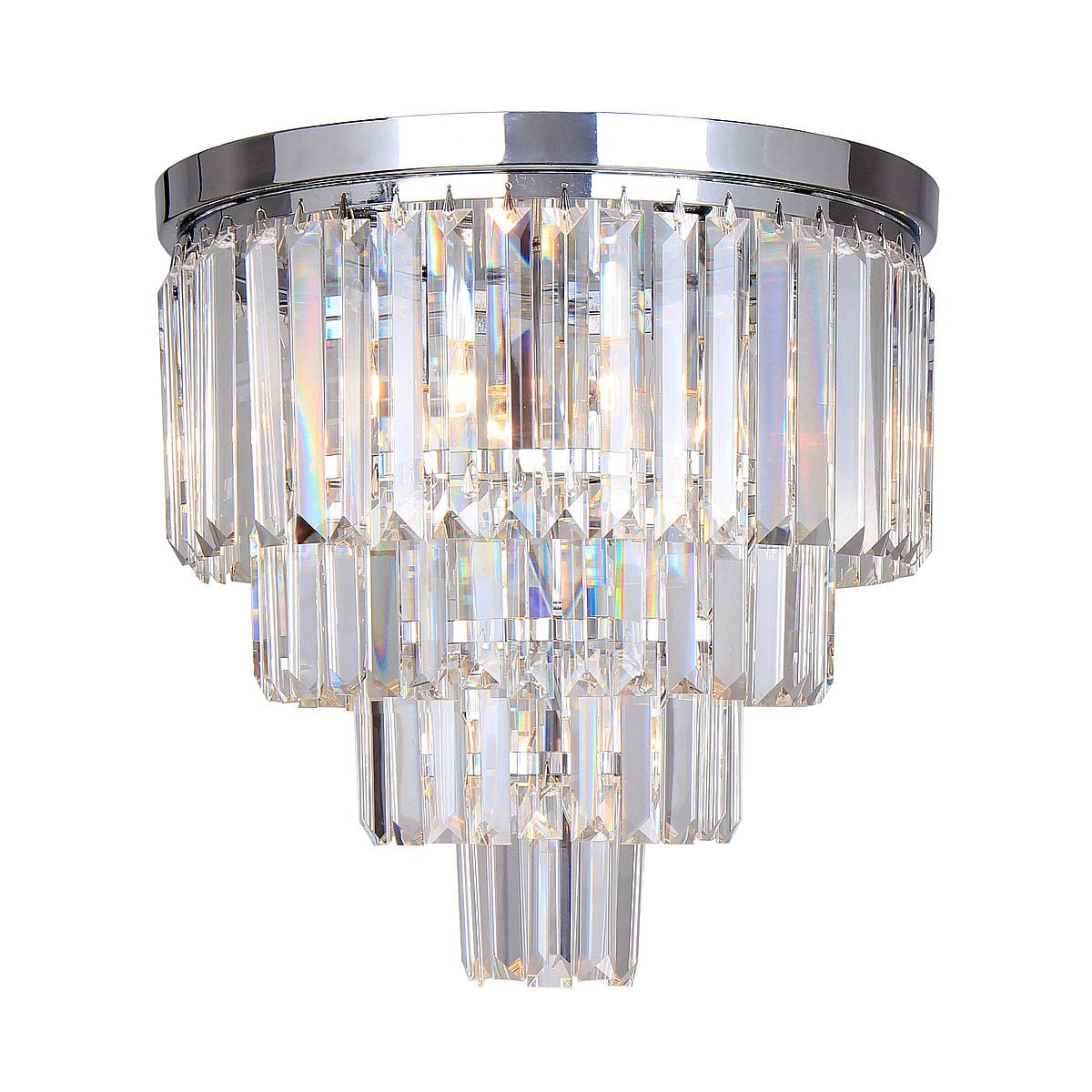 Lampa sufitowa Amedeo 5-punktowa w chromowanym wykończeniu, z kryształowymi elementami w formie prostokątnych, transparentnych pryzmatów. Ułożona w poziomie, z efektownym detalem w dolnej części, emituje jasne światło.