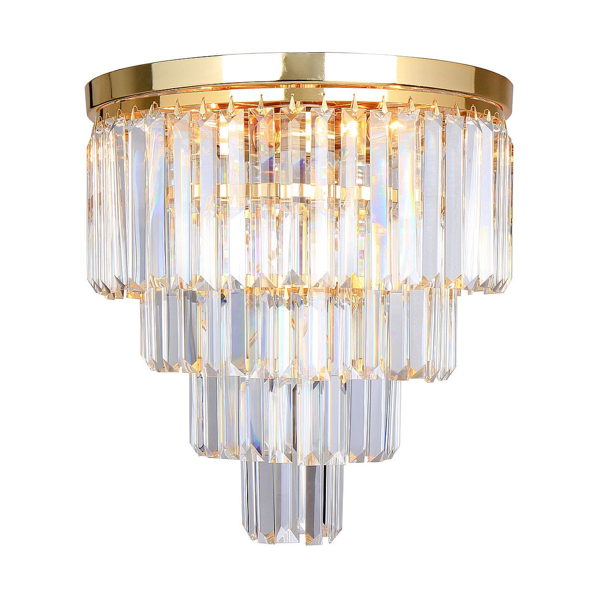 Lampa sufitowa Amedeo 5-punktowa w kolorze złotym, z kryształowymi elementami w formie pionowych pryzmatów. Ujęcie z przodu, lampa montowana na suficie, efektowne odbicia światła. Wysoka jakość wykonania, elegancki design.