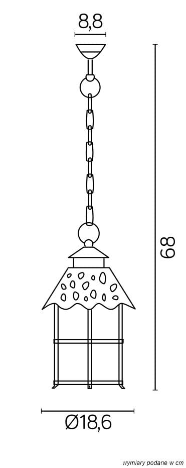 Czarna lampa wisząca Toledo 1-punktowa, z metalowym kloszem w kształcie dachu z otworami, zawieszona na łańcuchu. Wymiary: wysokość 68 cm, średnica 18,6 cm. Idealna do ogrodu lub na taras.