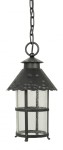 Czarna lampa wisząca ogrodowa Toledo K 1018/1/R z metalowym kloszem o kształcie latarni, posiadająca teksturowany daszek i szklane ścianki. Zawieszona na łańcuchu, z widocznymi detalami w postaci metalowych obręczy.