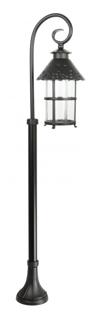 Lampa stojąca ogrodowa Toledo H116, czarna, 1-punktowa. Okrągła podstawa, wysoka, z giętym ramieniem. Szklany klosz z teksturą, osłonięty metalowym daszkiem. Stylowy, klasyczny design, idealny do oświetlenia ogrodu.