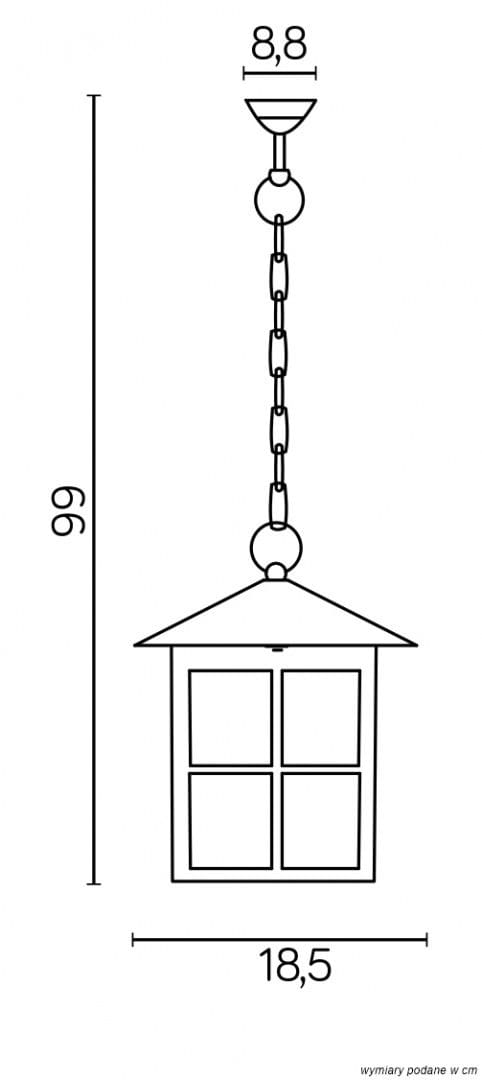 Czarna lampa wisząca ogrodowa Wenecja K 1018/1/KW o wymiarach 99 cm wysokości, 18,5 cm szerokości i 8,8 cm głębokości. Posiada stożkowy dach i czterokomorowy klosz, zawieszona na łańcuchu, idealna do użytku na zewnątrz.