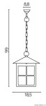 Czarna lampa wisząca ogrodowa Wenecja K 1018/1/KW o wymiarach 99 cm wysokości, 18,5 cm szerokości i 8,8 cm głębokości. Posiada stożkowy dach i czterokomorowy klosz, zawieszona na łańcuchu, idealna do użytku na zewnątrz.