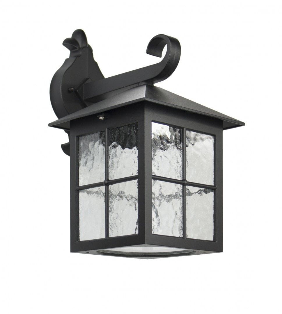 Czarny kinkiet elewacyjny Wenecja, 1-punktowy, z metalową obudową w kształcie prostopadłościanu. Szkło o fakturze fali, podzielone na kwadratowe pola. Uchwyt o dekoracyjnym kształcie, montowany na ścianie.