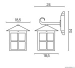 Czarny kinkiet elewacyjny Wenecja, 1-punktowy, o wymiarach 24 cm szerokości, 34 cm wysokości i 18,5 cm głębokości, z dachem w kształcie stożka i czterema oknami. Montowany na ścianie, z dekoracyjnym uchwytem.