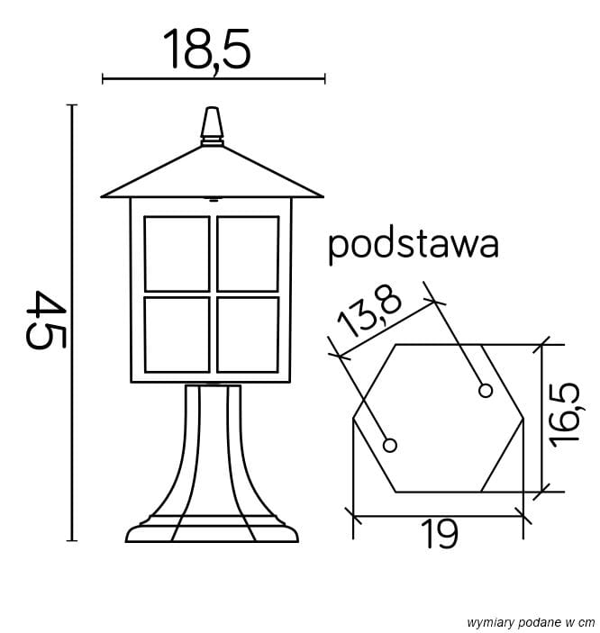 Lampa stojąca ogrodowa Wenecja H45, 1-punktowa, czarna. Wymiary: wysokość 45 cm, średnica podstawy 19 cm, wysokość podstawy 16,5 cm. Kształt prostokątny z czterema oknami, zwieńczona dachem. Idealna do oświetlenia przestrzeni zewnętrznej.