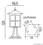 Lampa stojąca ogrodowa Wenecja H45, 1-punktowa, czarna. Wymiary: wysokość 45 cm, średnica podstawy 19 cm, wysokość podstawy 16,5 cm. Kształt prostokątny z czterema oknami, zwieńczona dachem. Idealna do oświetlenia przestrzeni zewnętrznej.