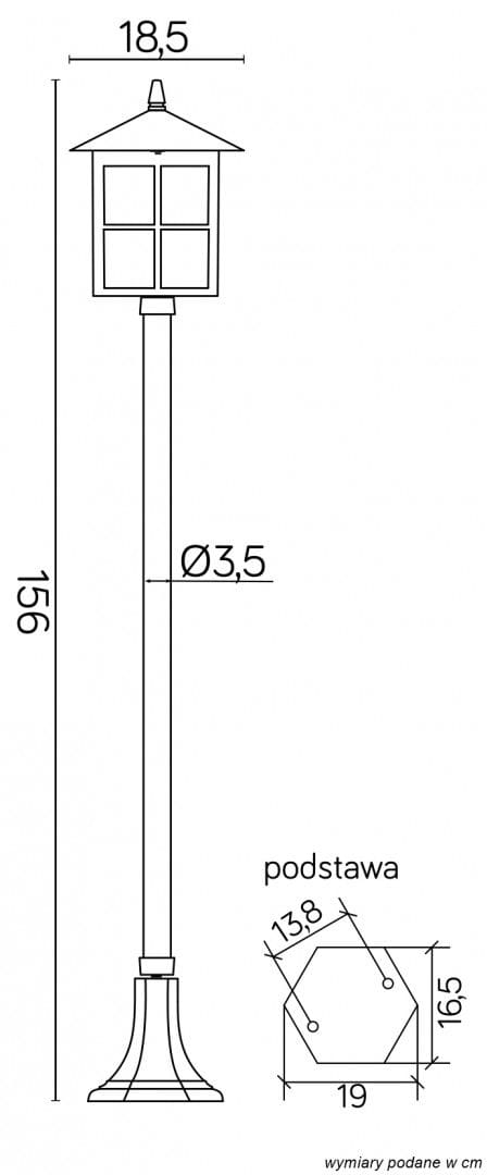 Lampa stojąca ogrodowa Wenecja H156 w kolorze czarnym, o wysokości 156 cm i podstawie w kształcie heksagonu o średnicy 19 cm. Klasyczny design z osłoną lampy z czterema oknami. Idealna do oświetlenia przestrzeni na zewnątrz.