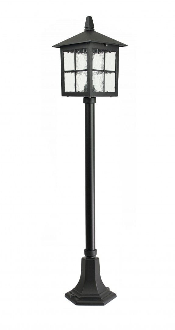 Lampa stojąca ogrodowa Wenecja H106 w kolorze czarnym, 1-punktowa. Posiada szklany klosz z efektem falistego szkła, osadzony na prostym, okrągłym słupku, zakończonym kwadratową podstawą. Ujęcie frontalne, produkt w pozycji stojącej.